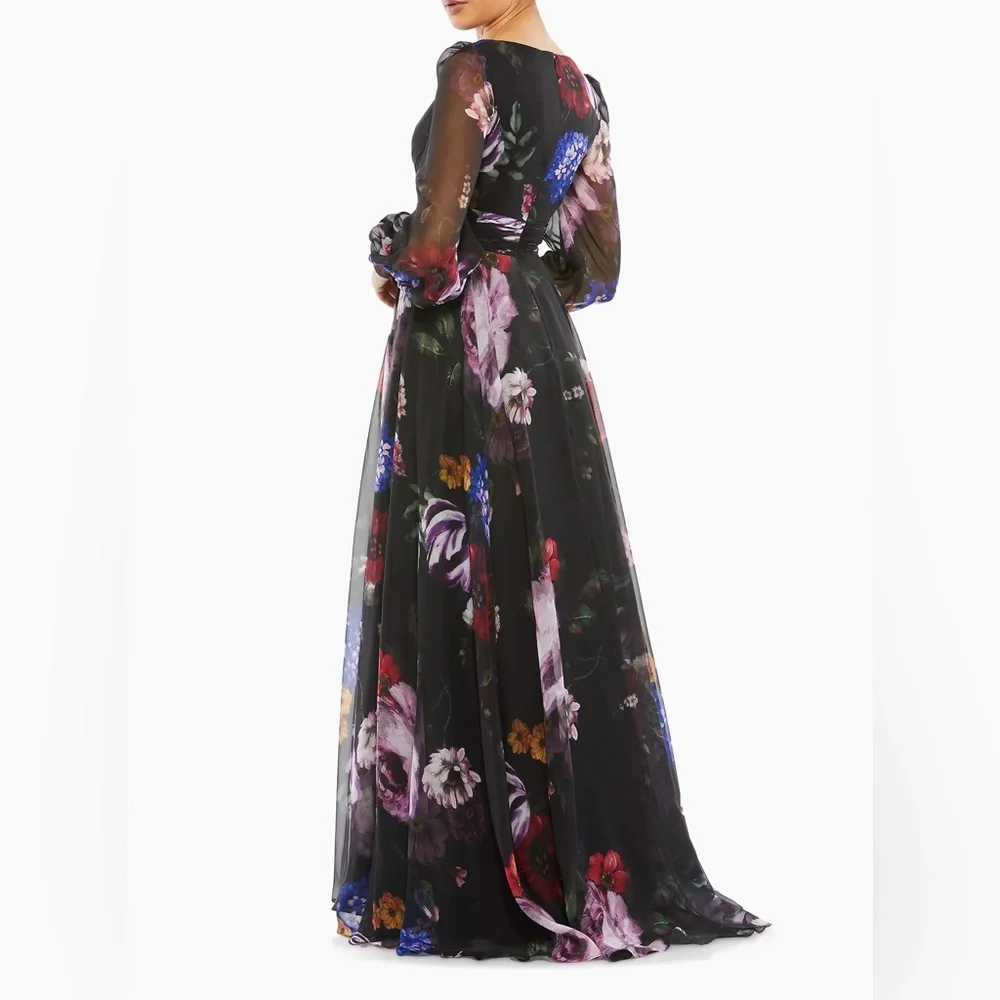 Mac Duggal Long Sleeve Floral Chiffon Gown, NWT, Current 2025 Season, Saks $600 - Picture 3 of 5